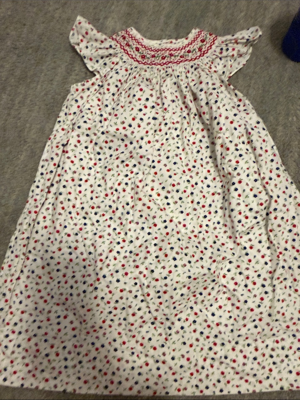 Strasburg White Smocked Floral Dress with Red and Navy Accents